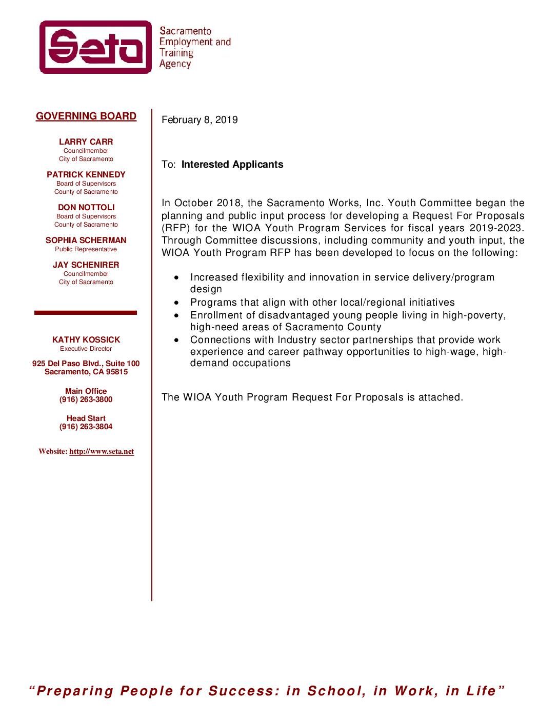 RFP WI0A Youth Services 2019/2023 SETA