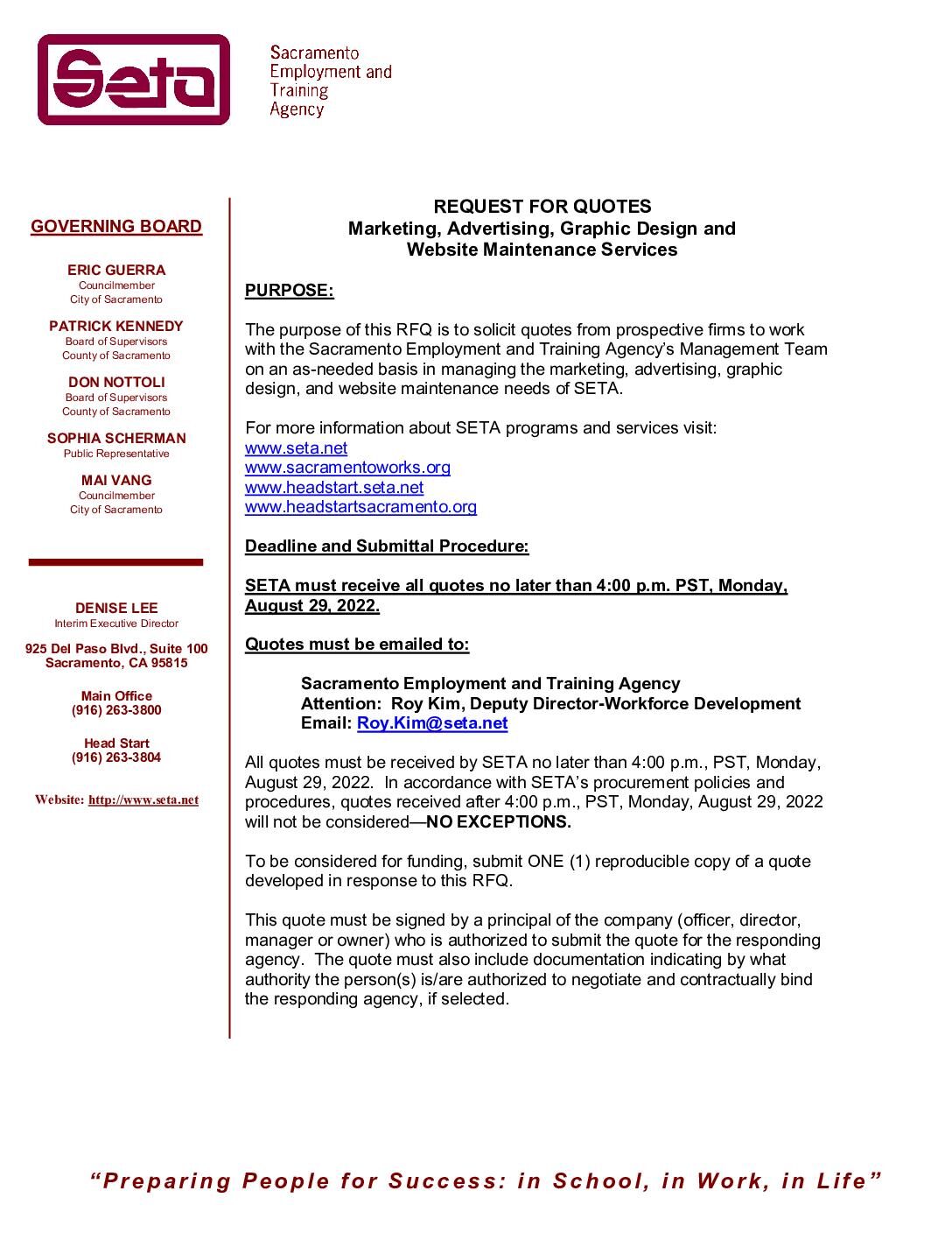 RFQ – Marketing/Web Maintenance Services 2022