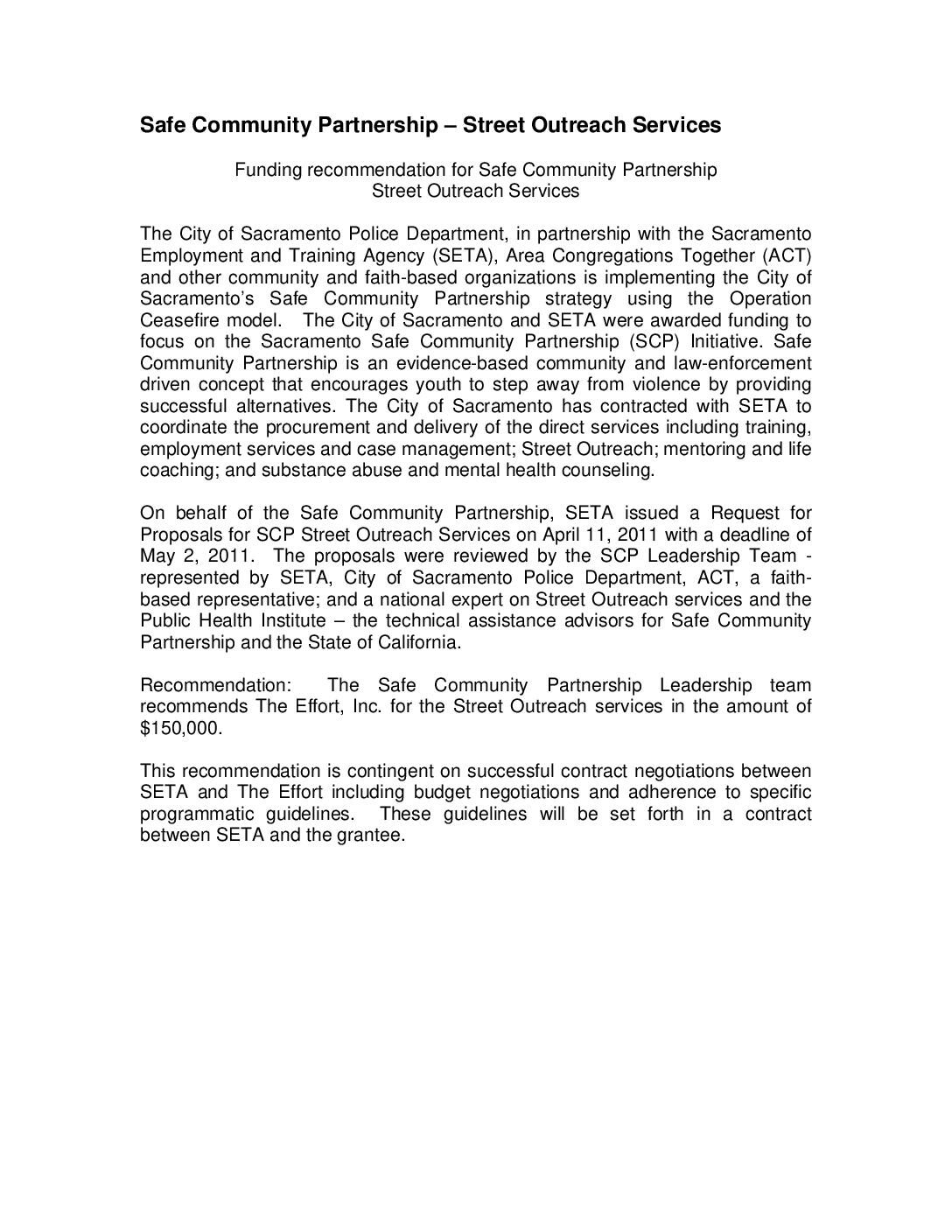 Recommendation for Street Outreach Services – Spring 2011 – Public Notice