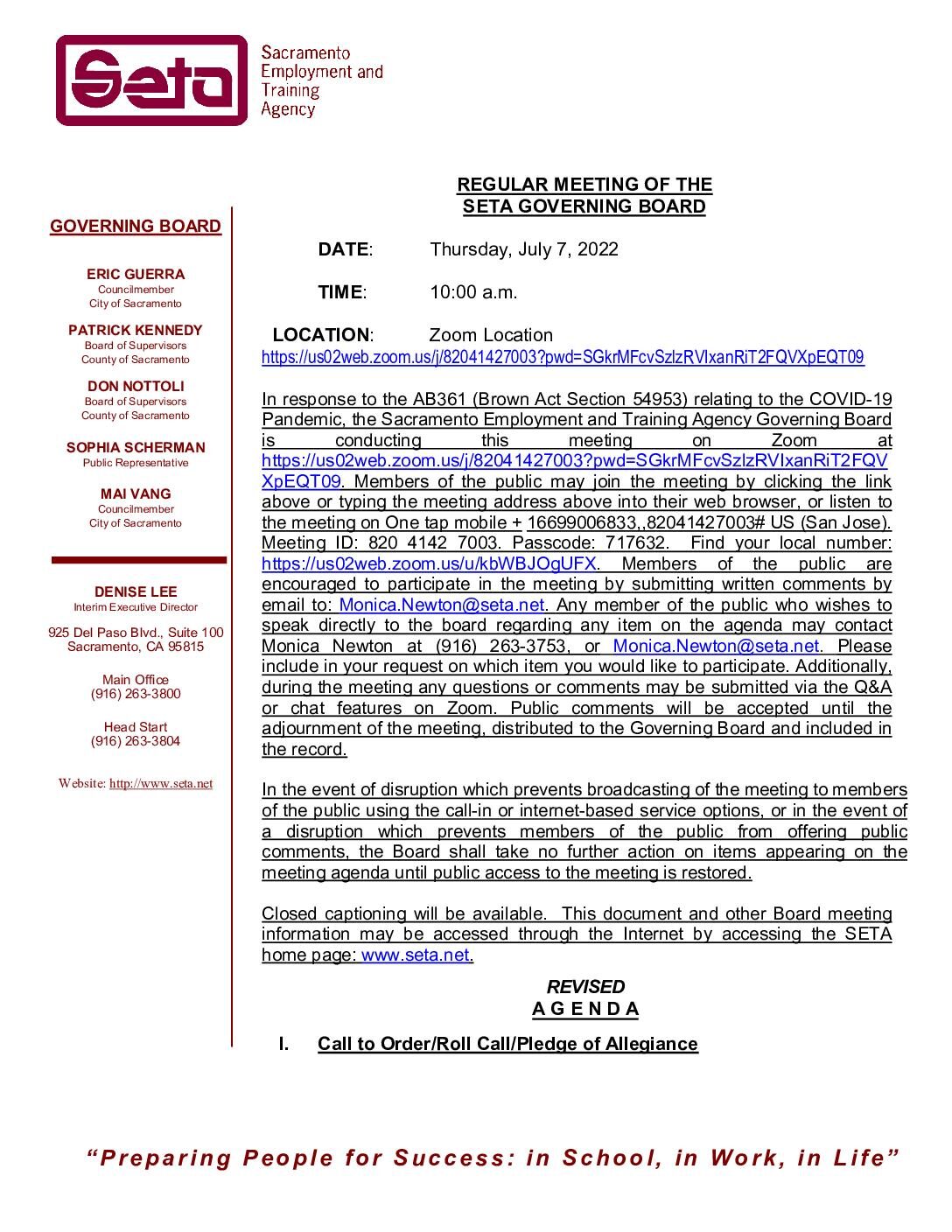 Revised Agenda – Regular Meeting of the SETA Governing Board 7/7/2022
