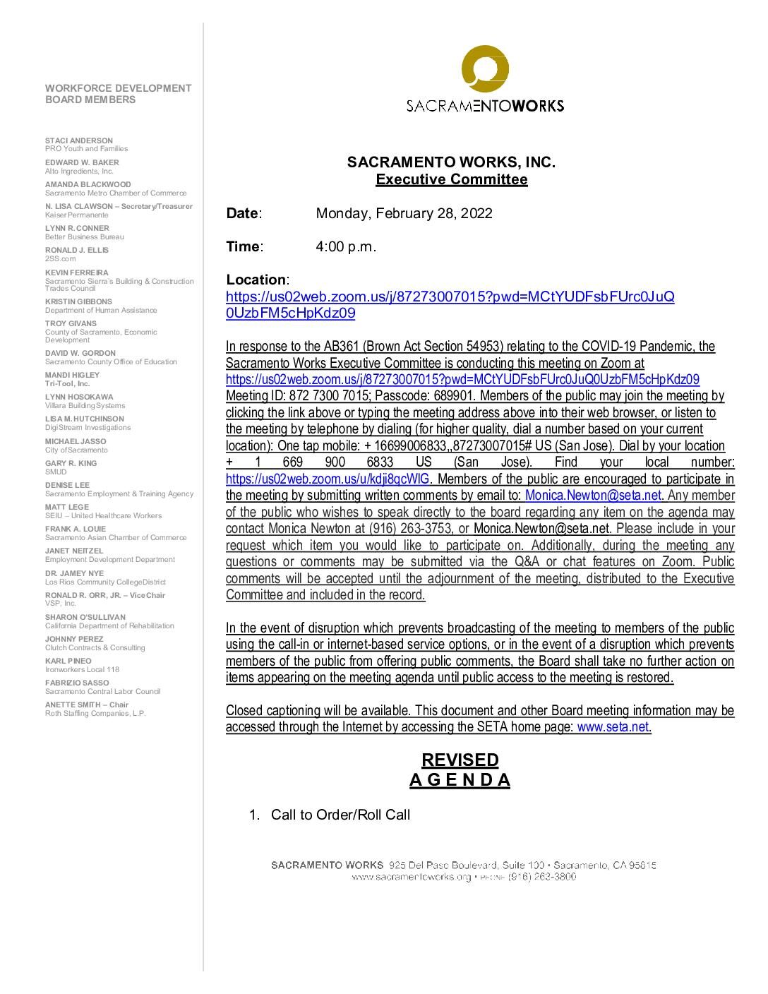Revised Agenda for Sacramento Works Executive Committee 2/28/2022