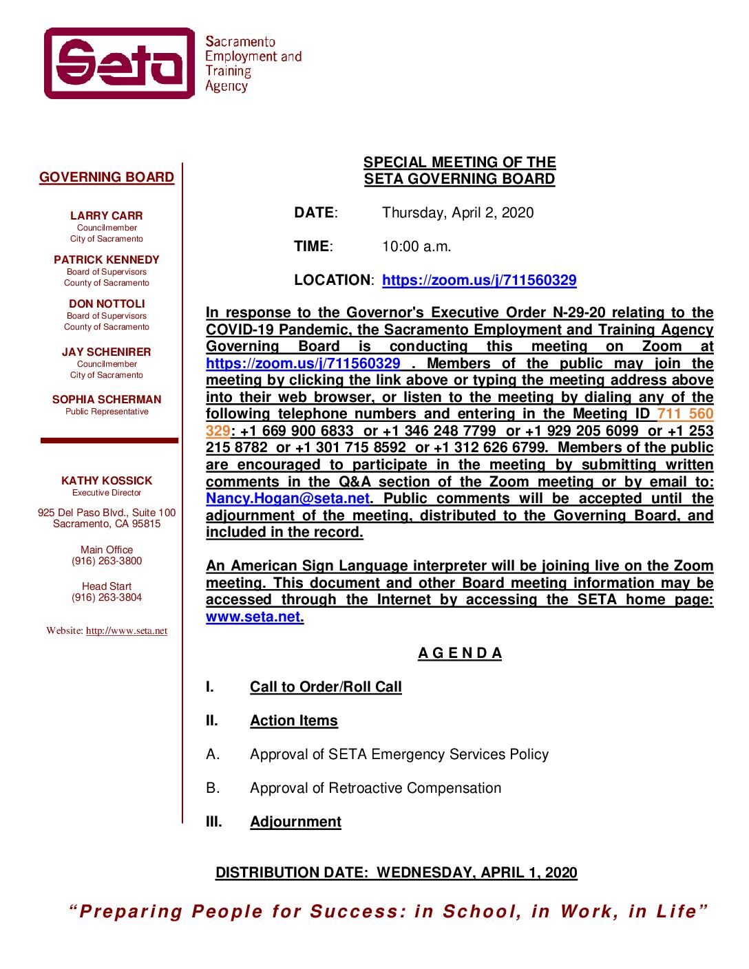 Special Meeting of the SETA Governing Board 4/2/2020