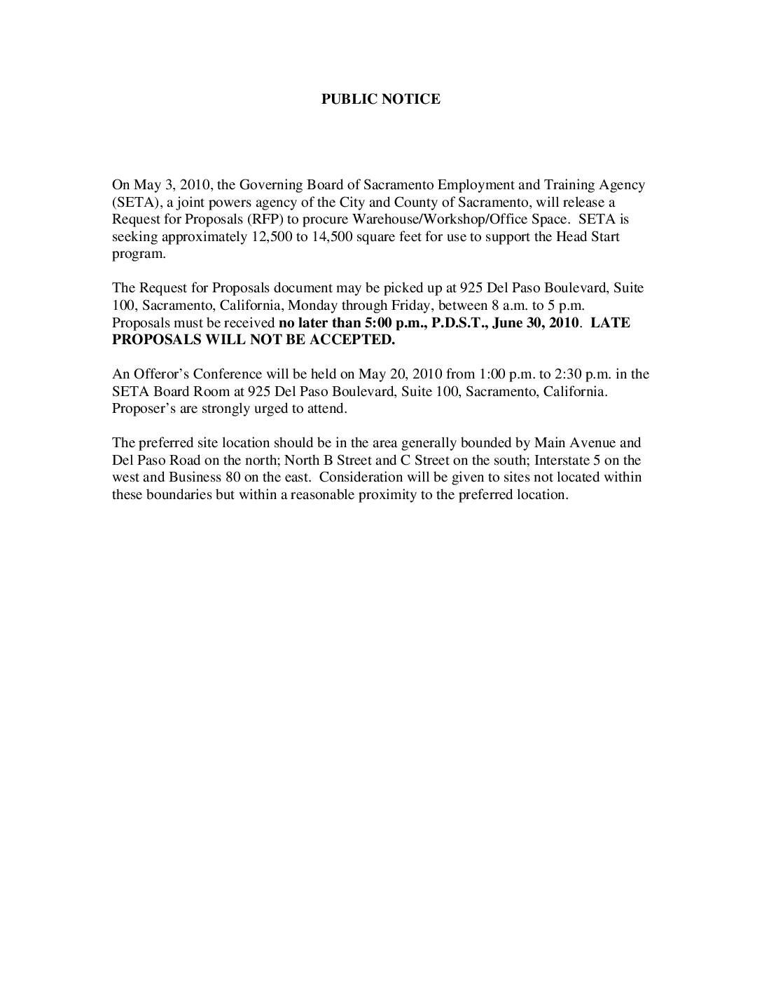 Public Notice for Warehouse Space on May 3rd