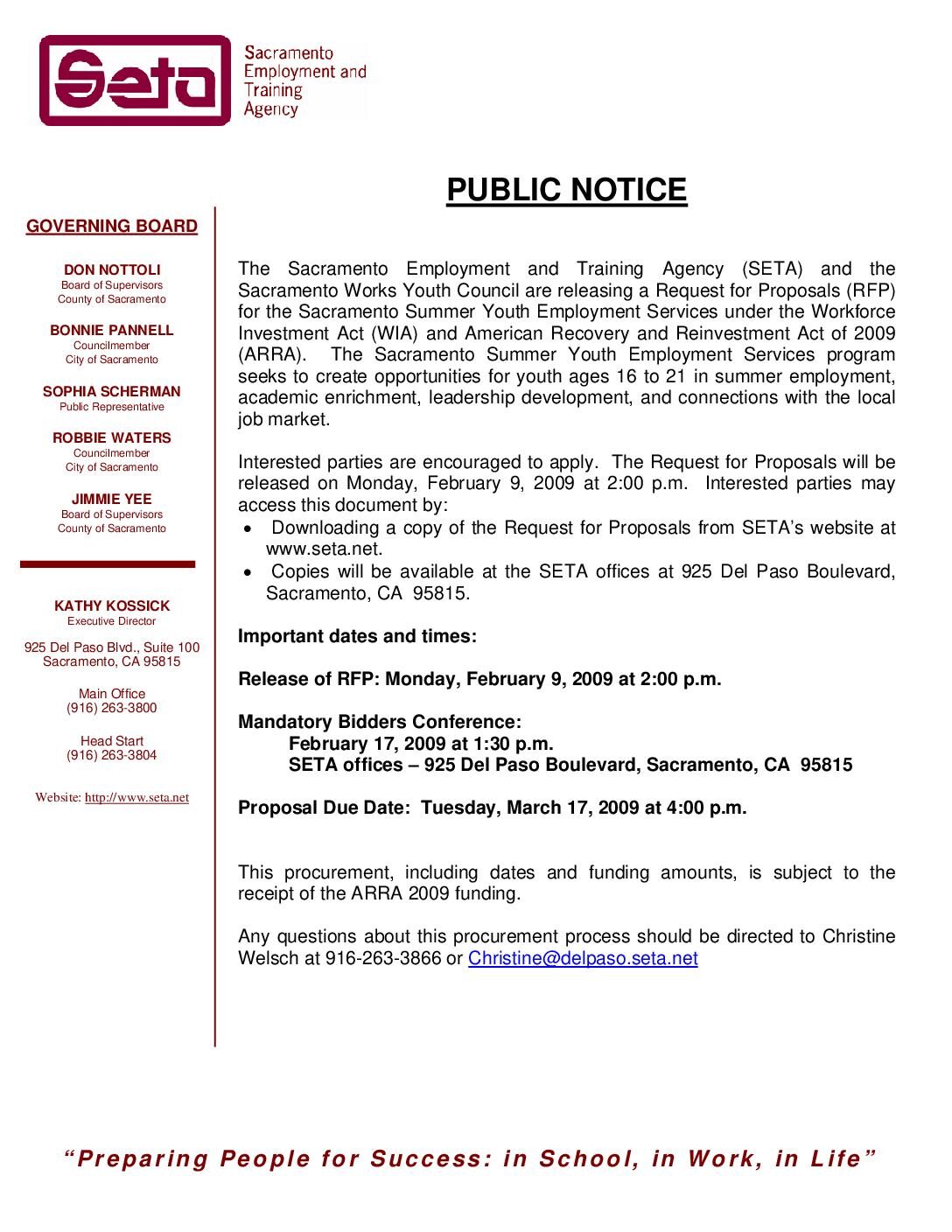 Recovery Act/WIA 2009 Summer Youth Employment Services – Public Notice