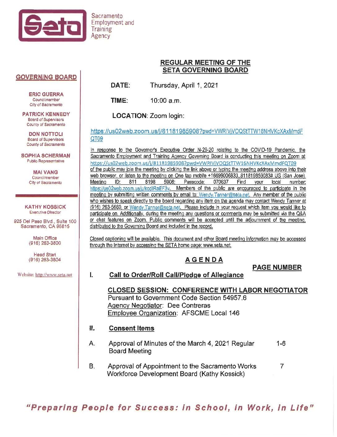 Regular Meeting of the SETA Governing Board 4/01/2021