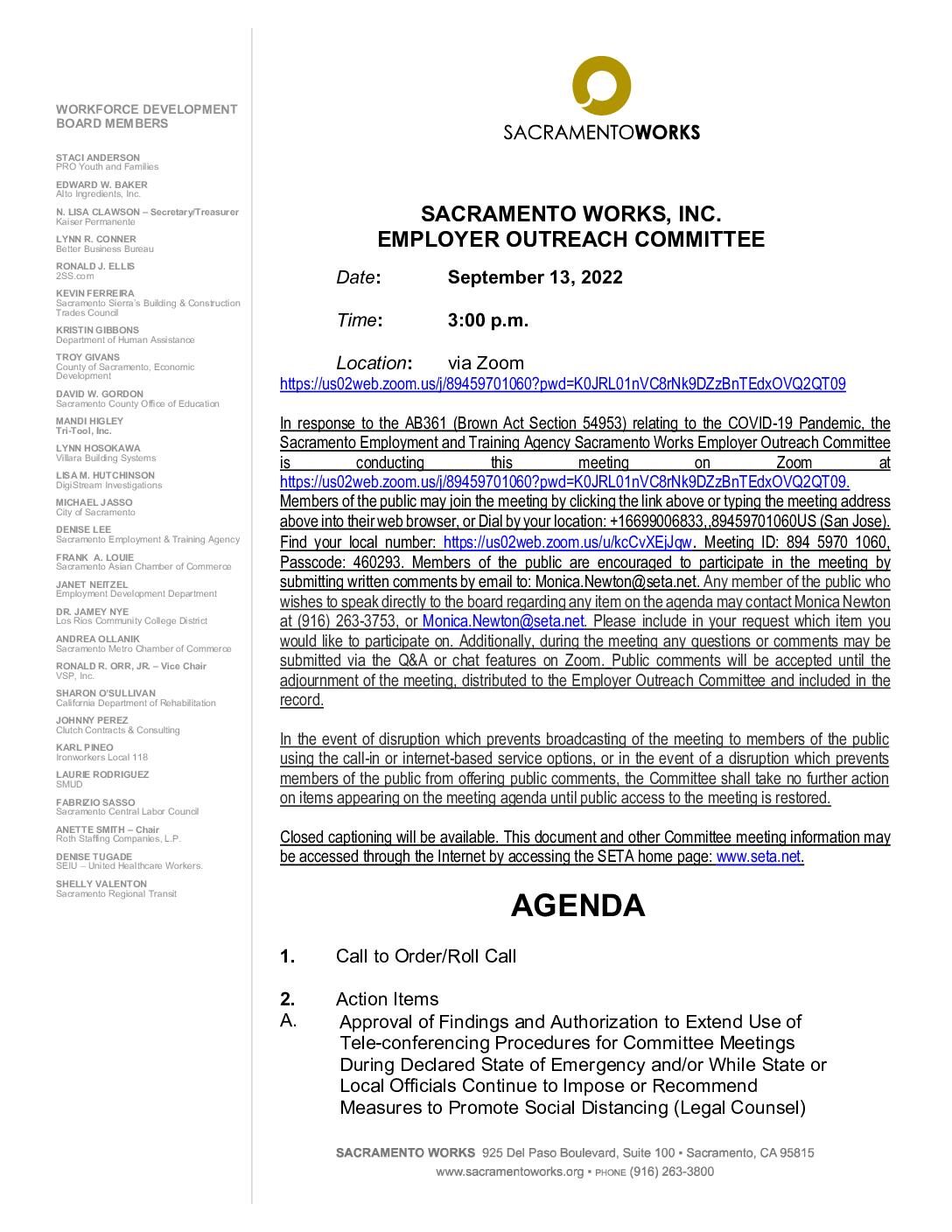 Sacramento Works Employer Outreach Committee 09/13/2022