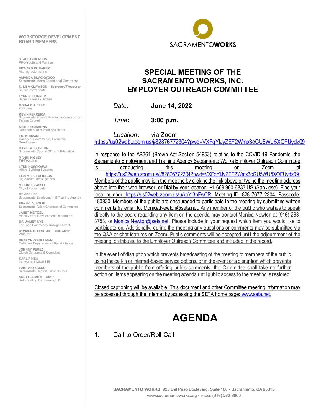 Sacramento Works Employer Outreach Committee 06/14/2022 – Special Meeting