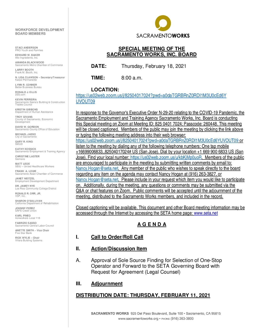Special Meeting of the Sacramento Works Board 2/18/2021