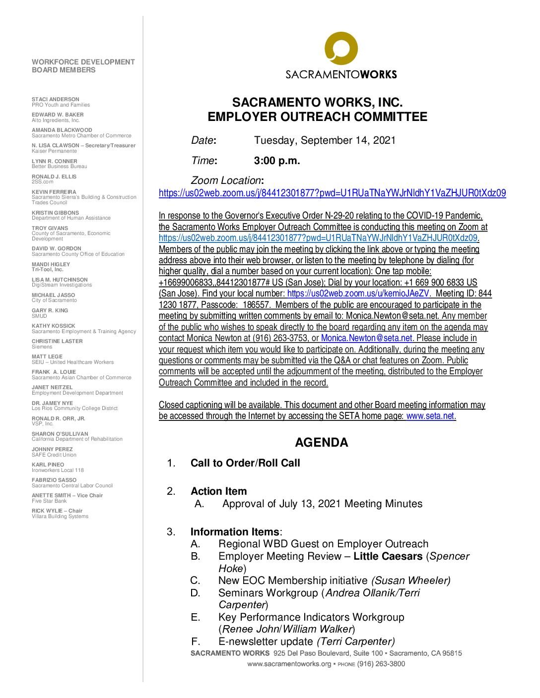 Sacramento Works Employer Outreach Committee 9/14/2021