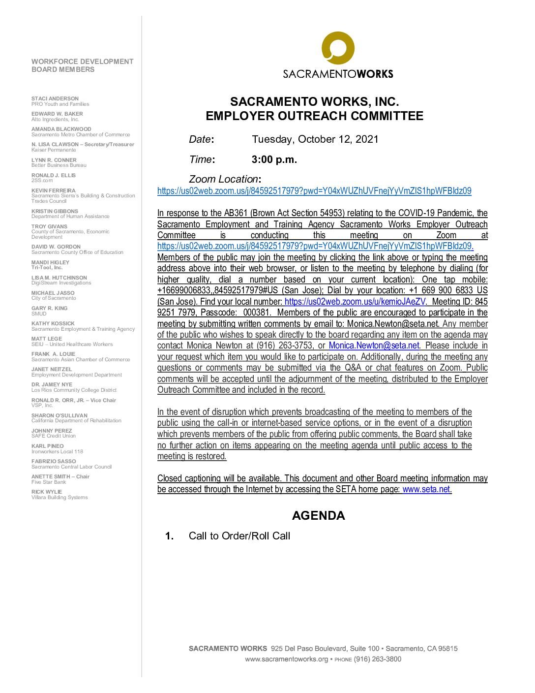 Sacramento Works Employer Outreach Committee 10/12/2021