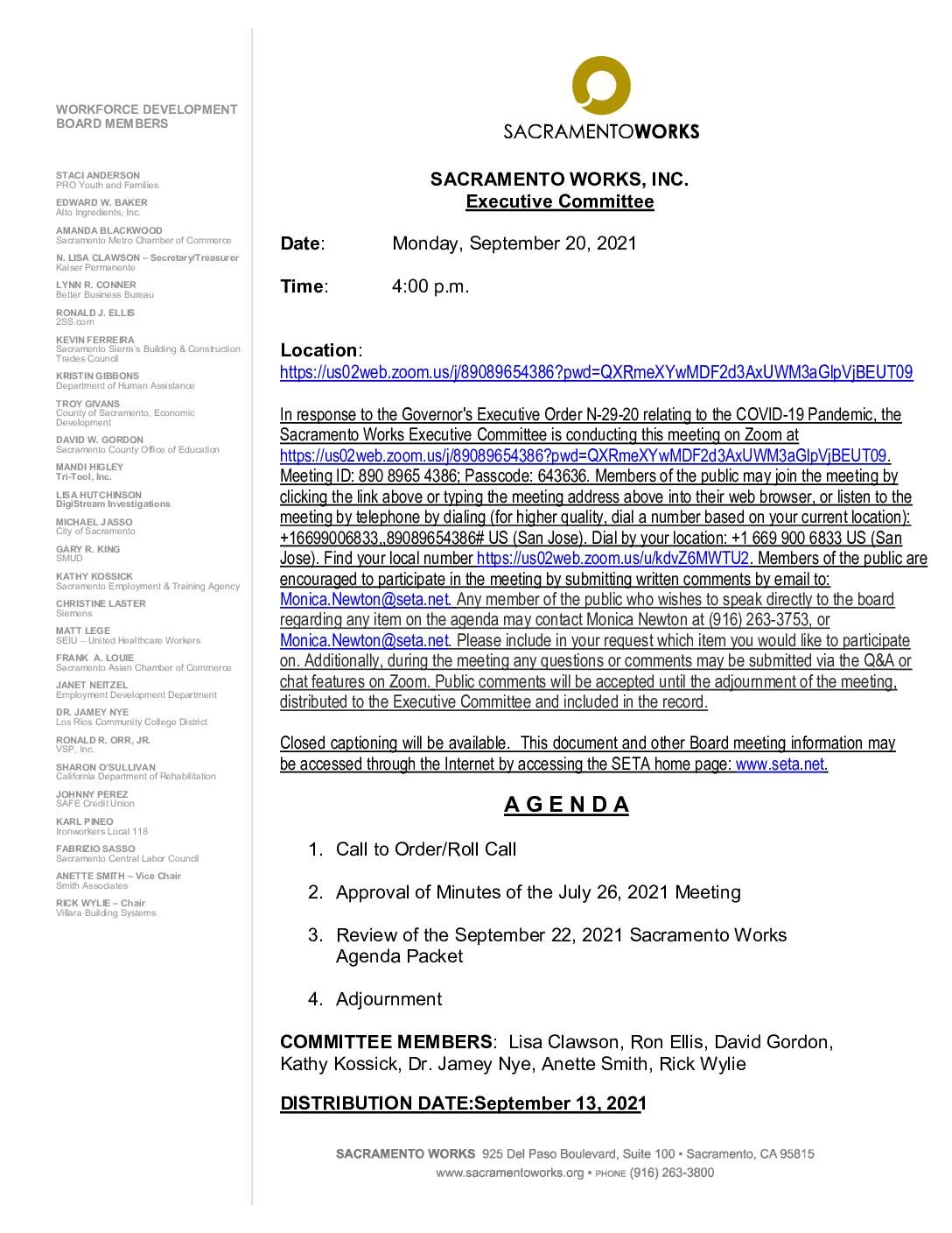 Sacramento Works Executive Committee 9/20/2021