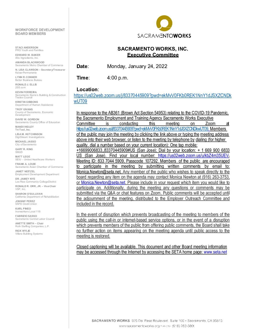 Sacramento Works Executive Committee 01/24/2022