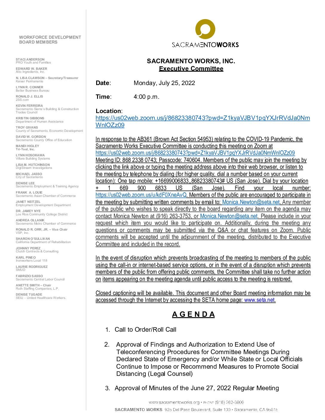 Sacramento Works Executive Committee 07/25/2022