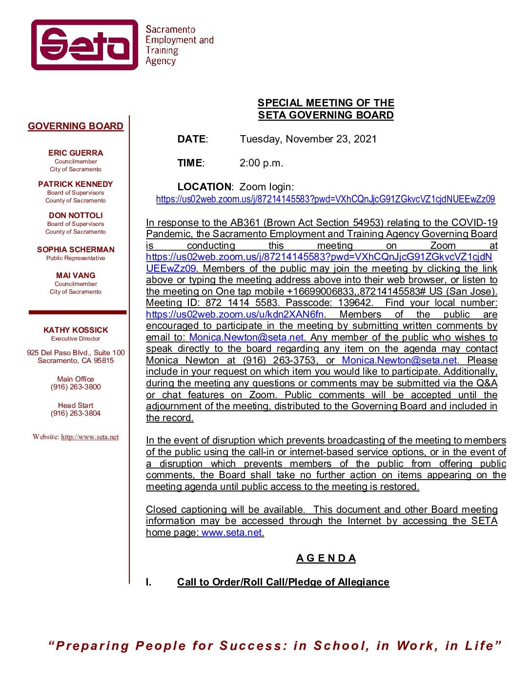Special Meeting of the SETA Governing Board 11/23/2021