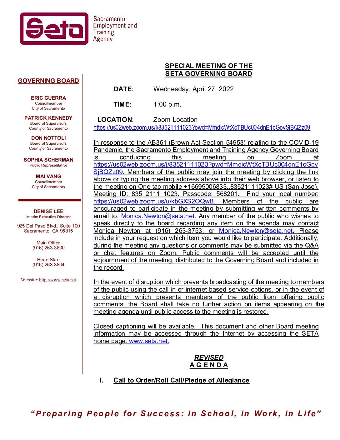 Revised Agenda – Special Meeting of the SETA Governing Board 4/27/2022