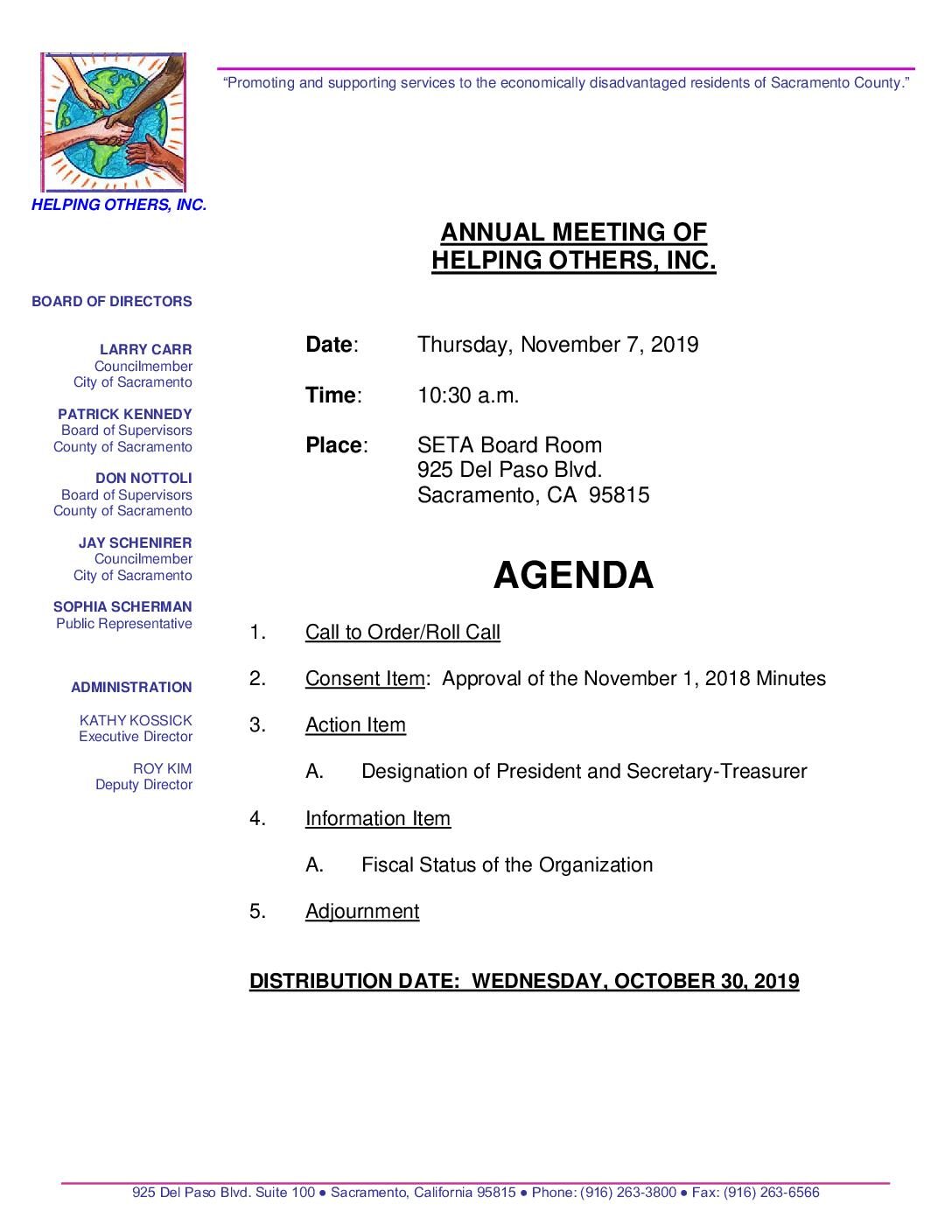 Annual Meeting of Helping Others, Inc. 11/7/19