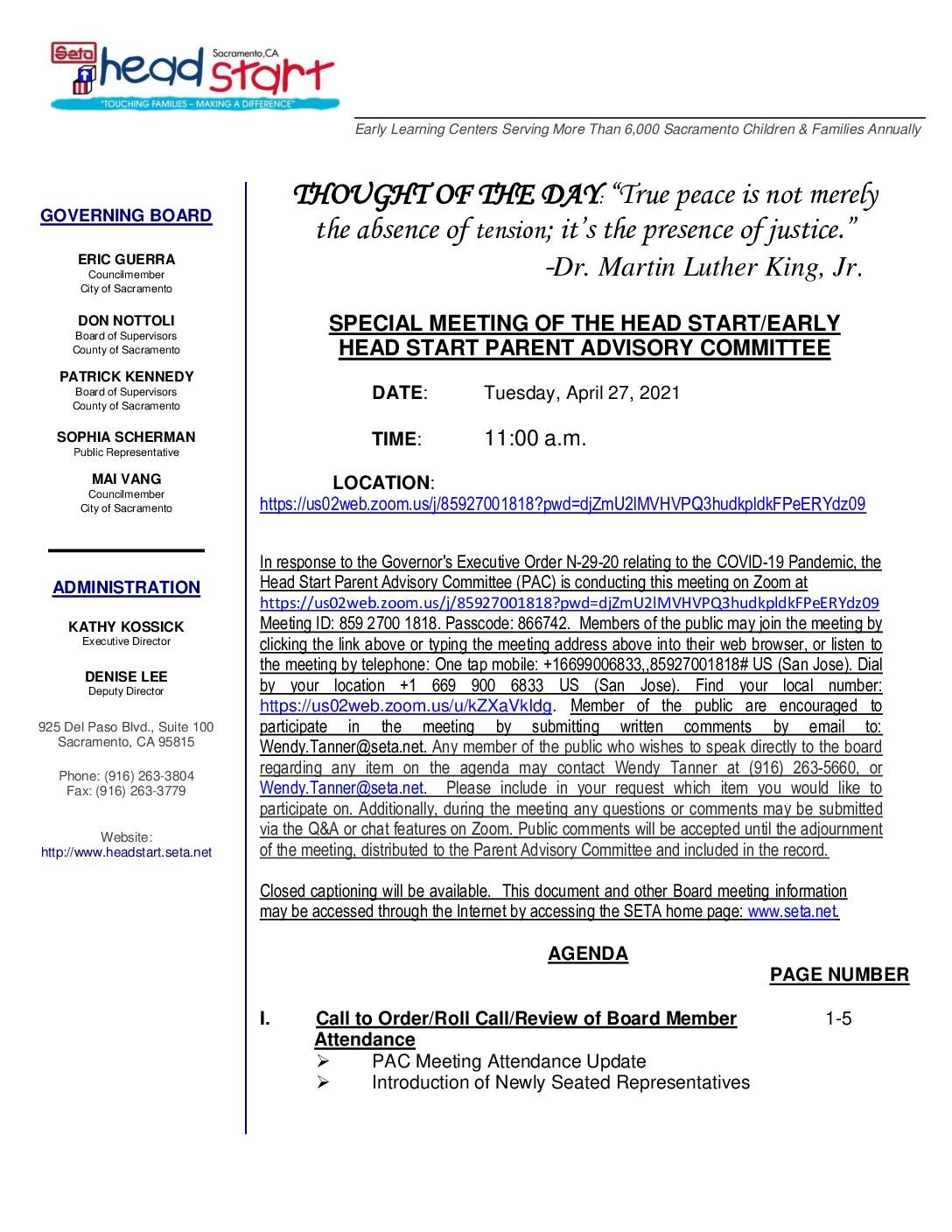Head Start/Early Head Start Parent Advisory Committee 4/27/2021