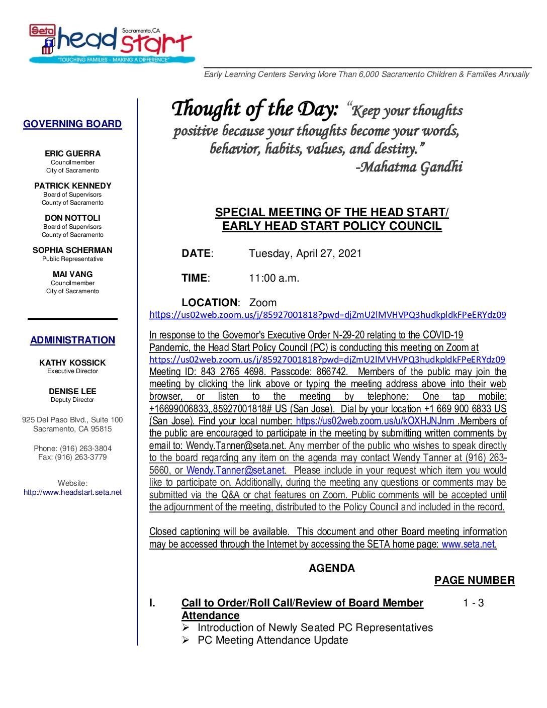 Head Start/Early Head Start Policy Council 4/27/2021