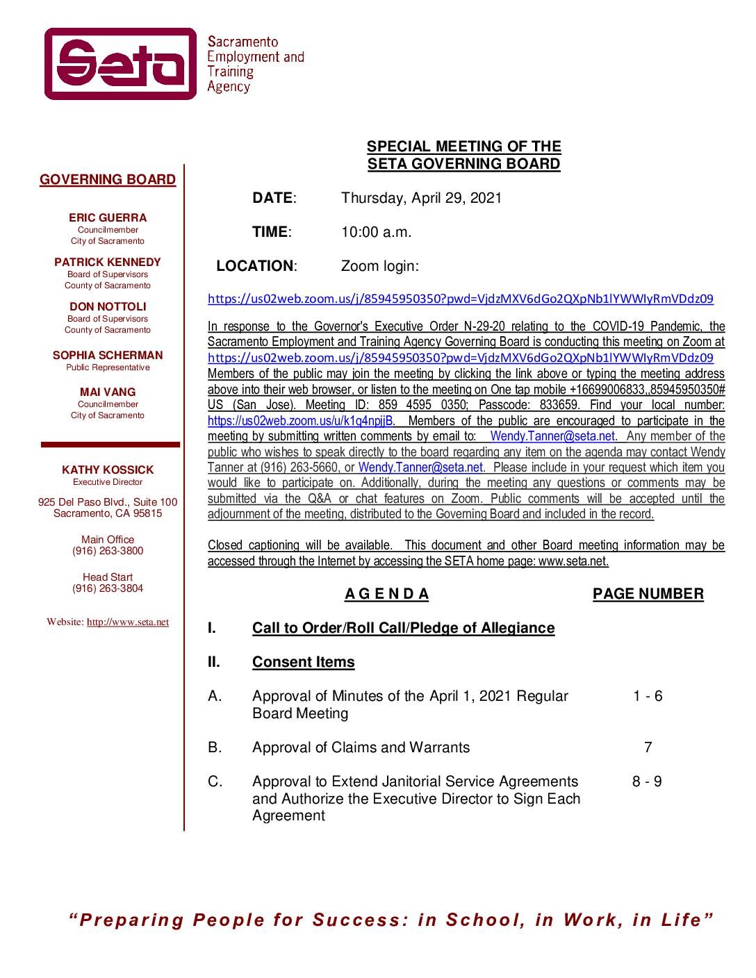 Special Meeting of the SETA Governing Board 04/29/2021