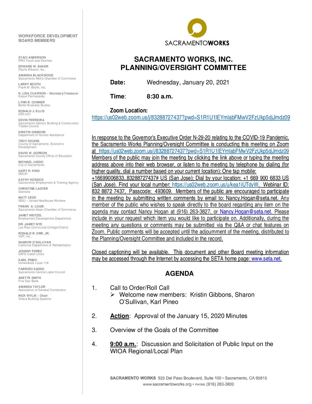 Sacramento Works Planning/Oversight Committee 1/20/2021