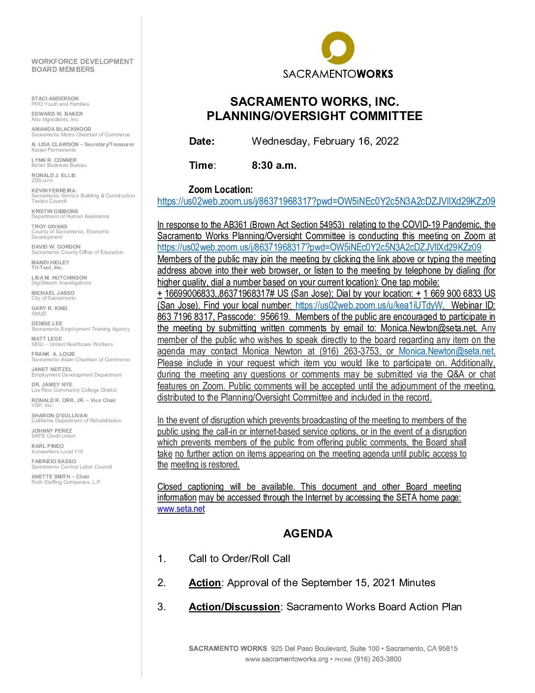 Sacramento Works Planning/Oversight Committee 2/16/2022