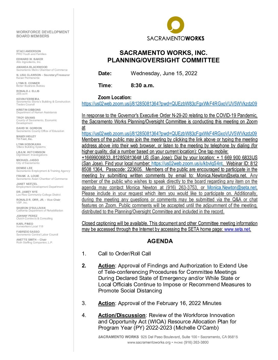 Sacramento Works Planning/Oversight Committee 6/15/2022