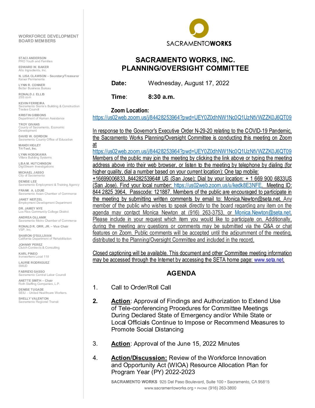 Sacramento Works Planning/Oversight Committee 08/17/2022