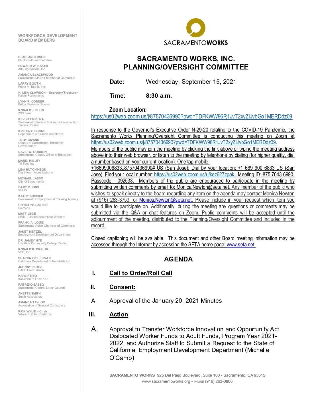 Sacramento Works Planning/Oversight Committee 9/15/2021