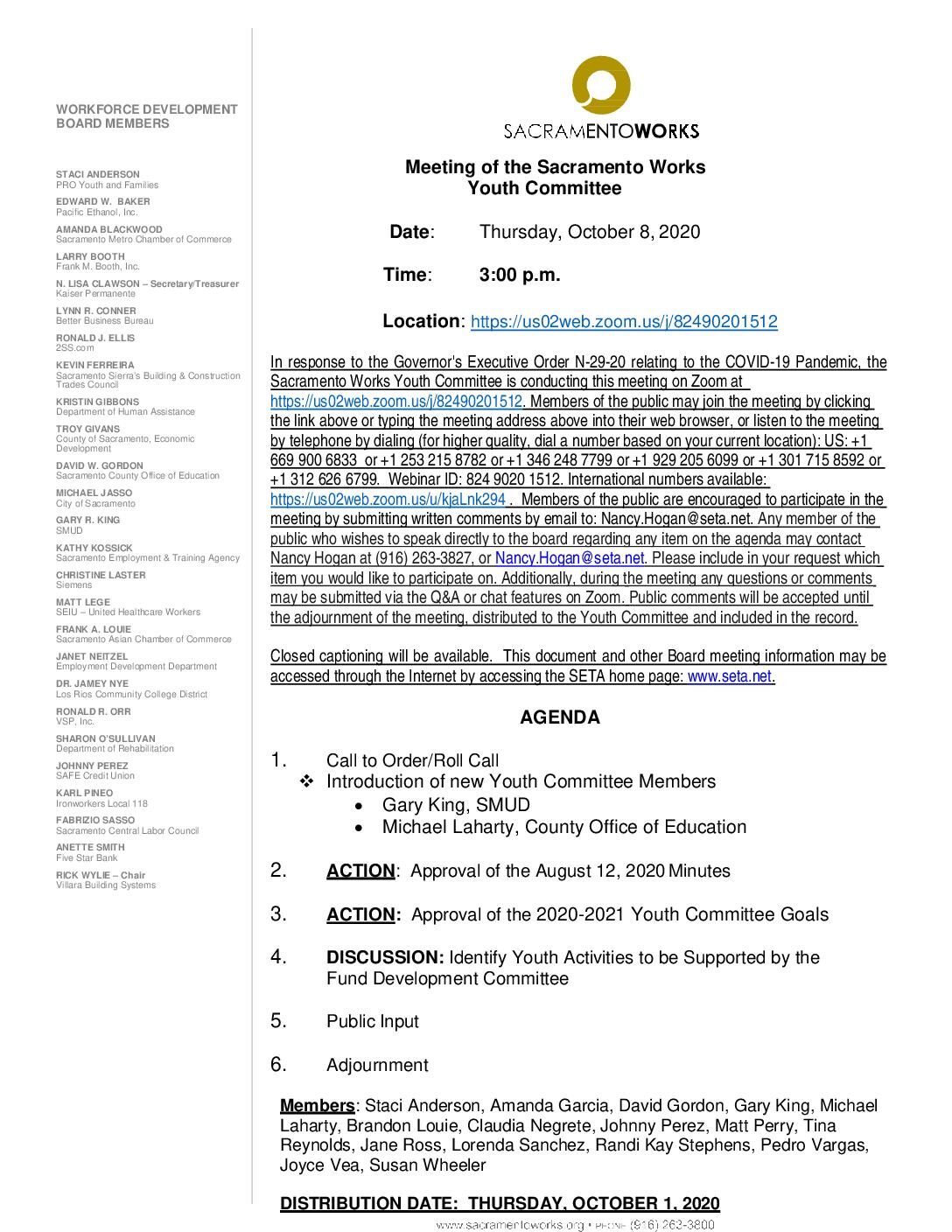 Sacramento Works Youth Committee 10/8/2020