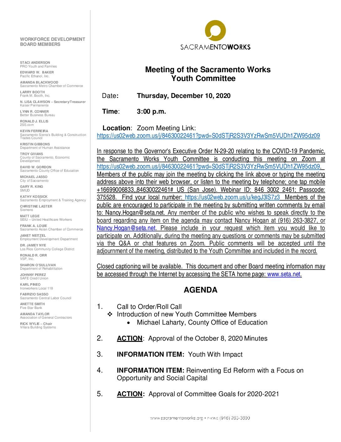 Sacramento Works Youth Committee 12/10/2020
