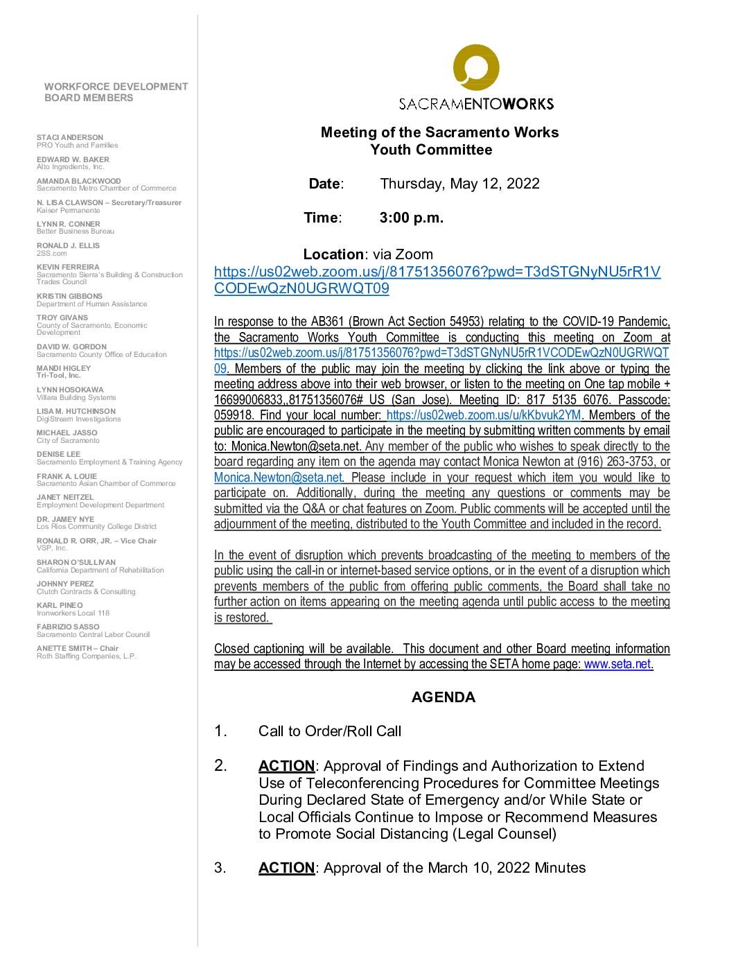 Sacramento Works Youth Committee 05/12/2022