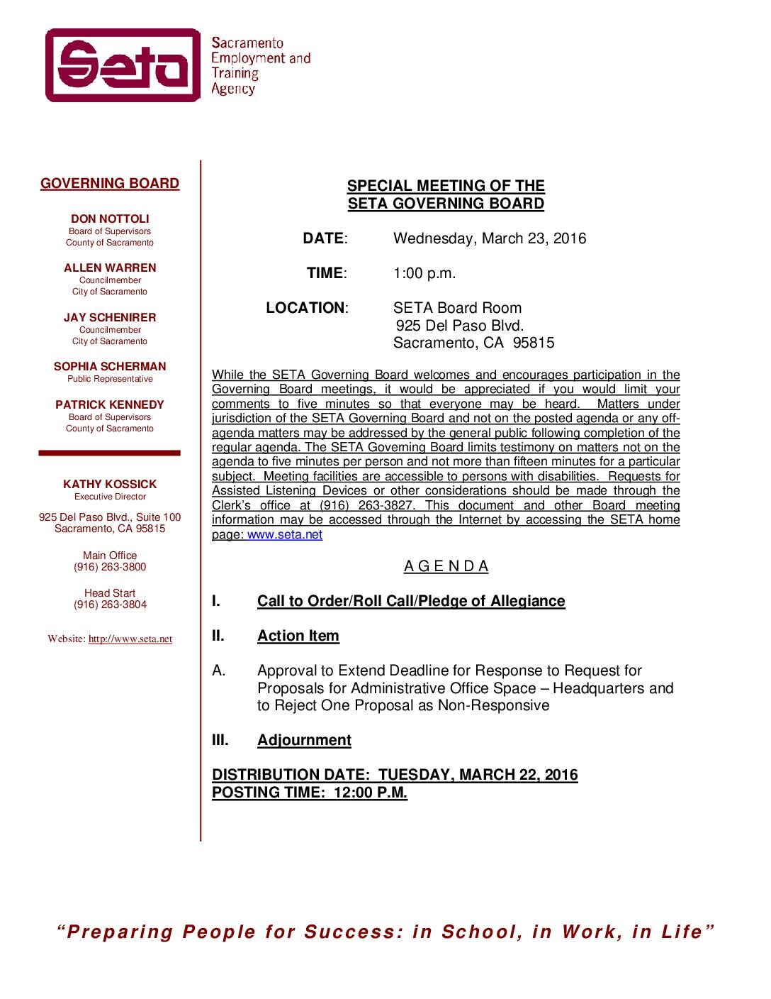 Special SETA Governing Board Meeting 3/23/16
