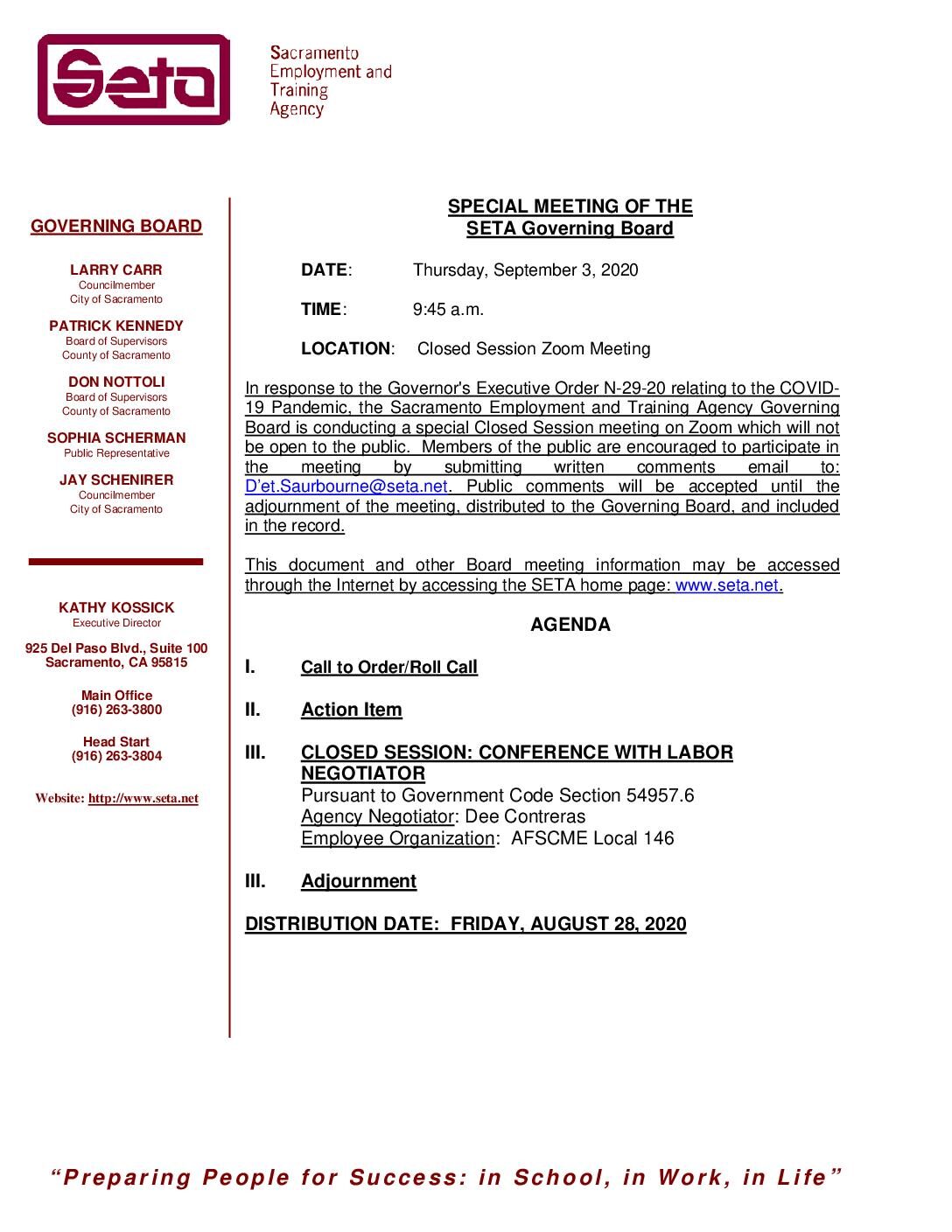 Closed Session: SETA Governing Board 9/3/2020