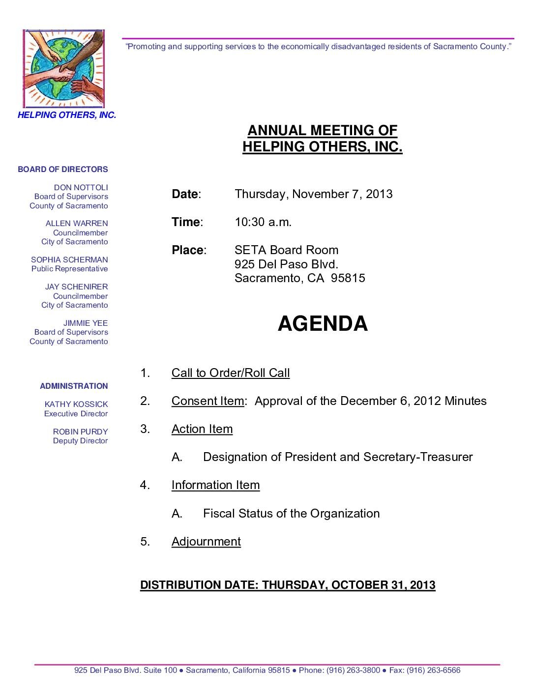 Annual Meeting of Helping Others, Inc. 11/7/13