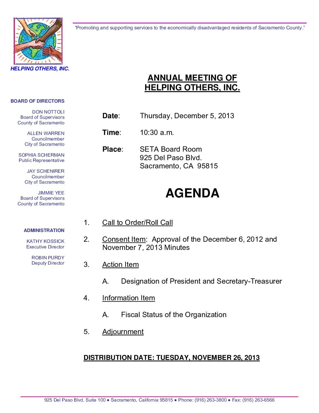 Annual Meeting of Helping Others, Inc. 12/5/13