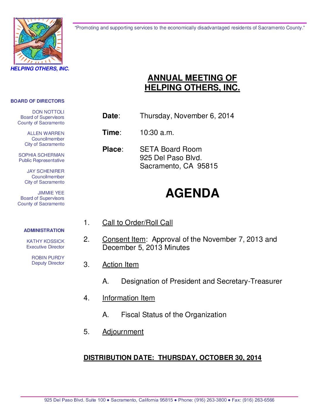 Annual Meeting of Helping Others, Inc. 11/6/14