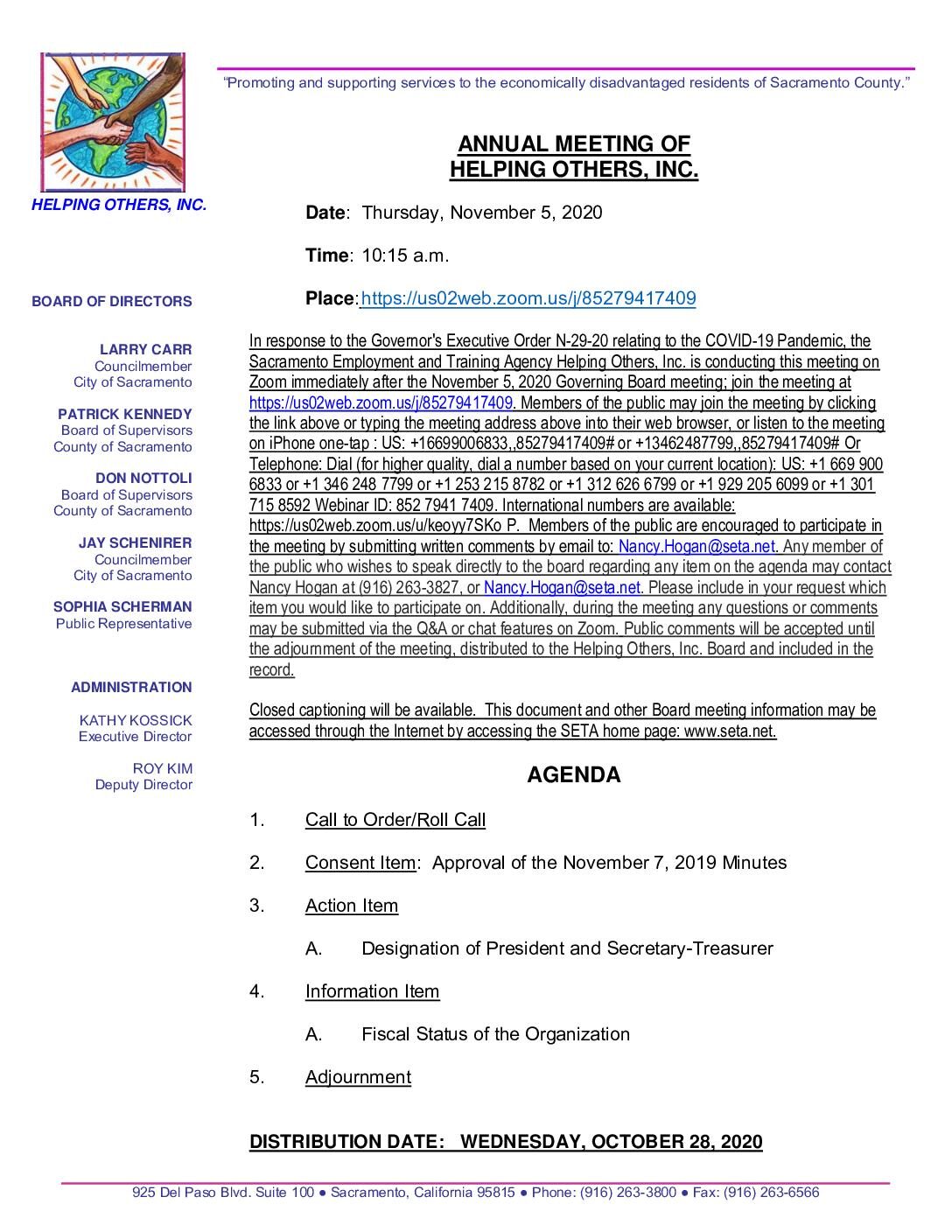 Annual Meeting of Helping Others, Inc. 11/5/2020