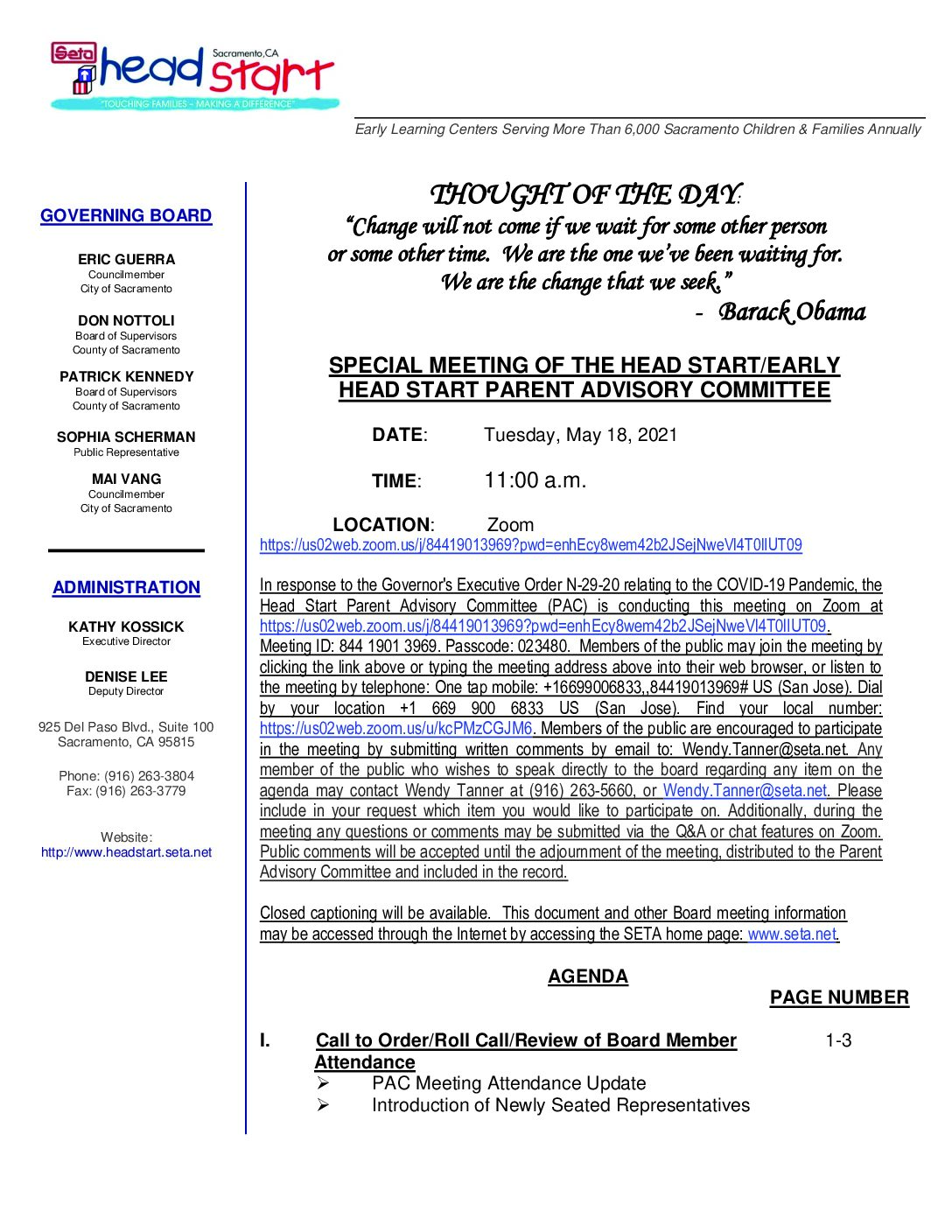 Head Start/Early Head Start Parent Advisory Committee 5/18/2021