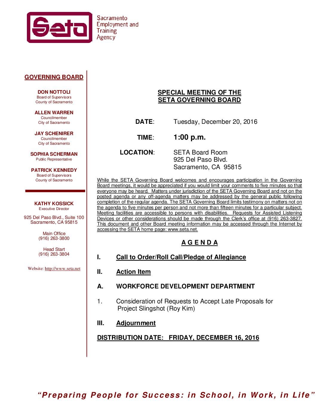 Special SETA Governing Board 12/20/16