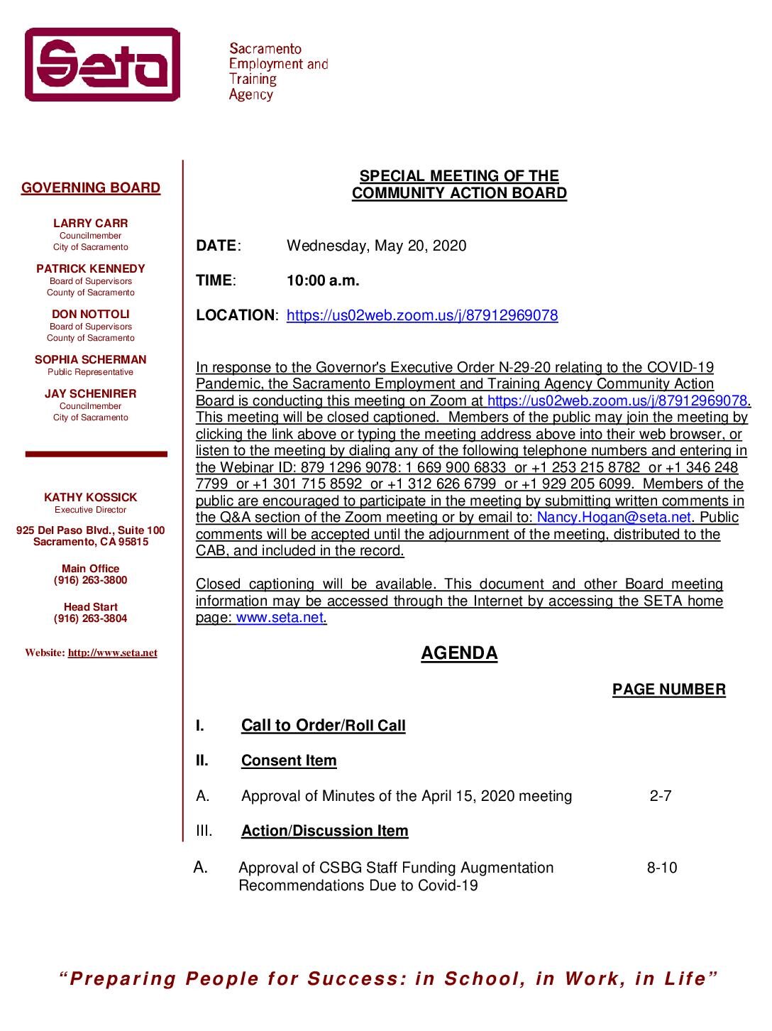 Special Meeting of the Community Action Board 5/20/2020