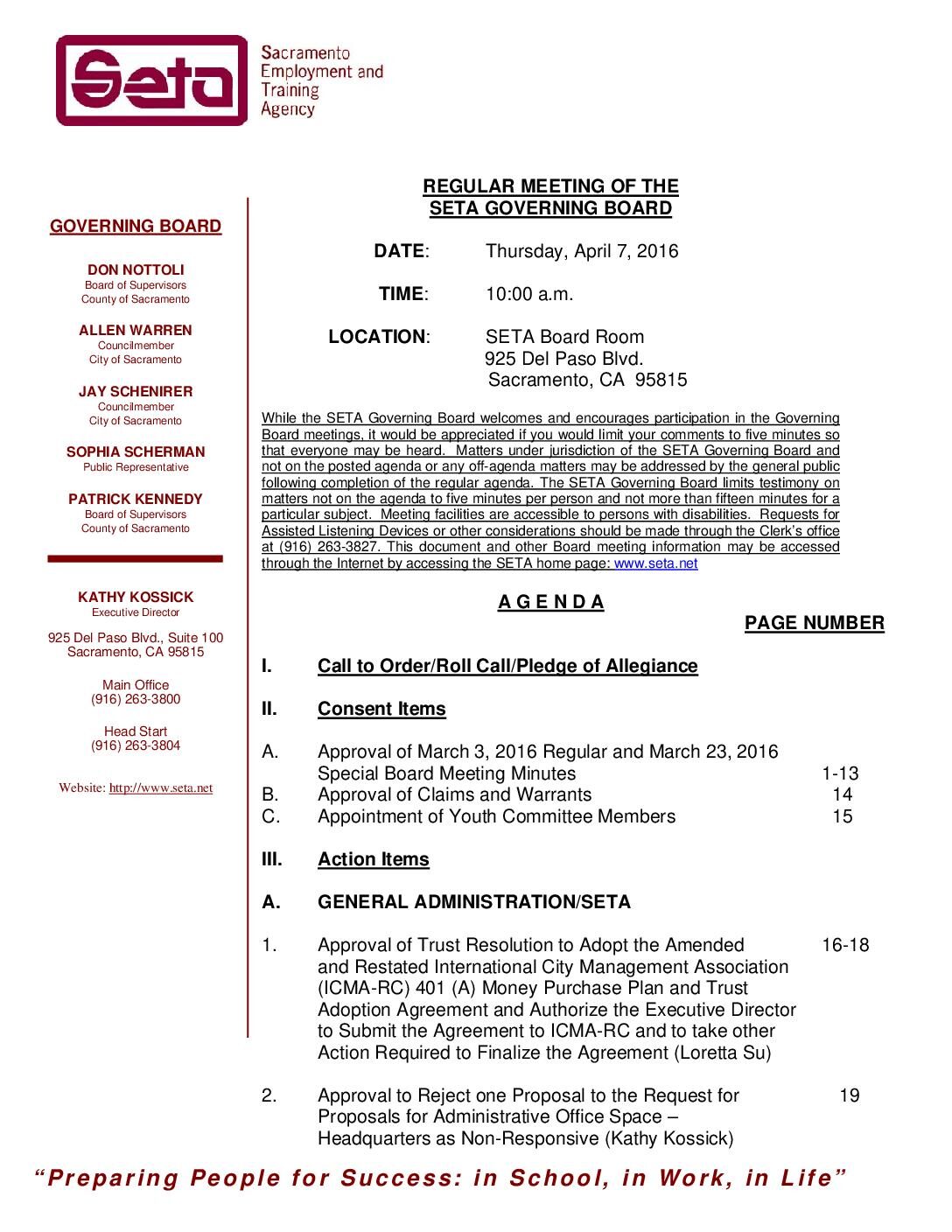 Regular SETA Governing Board 4/7/16