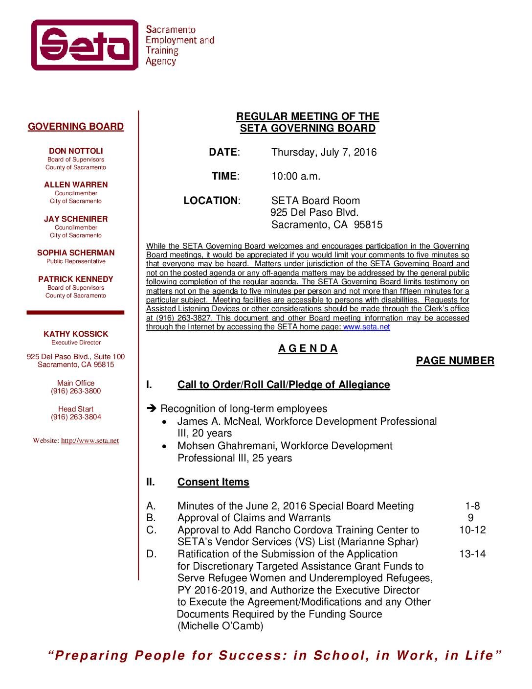 Regular SETA Governing Board 7/7/16