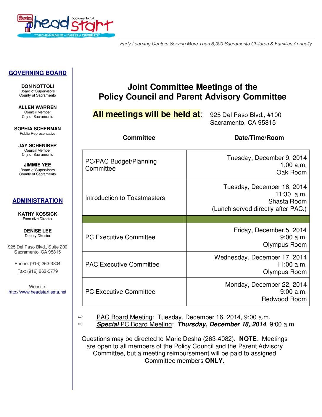 Joint PC/PAC Meetings Notification for December 2014