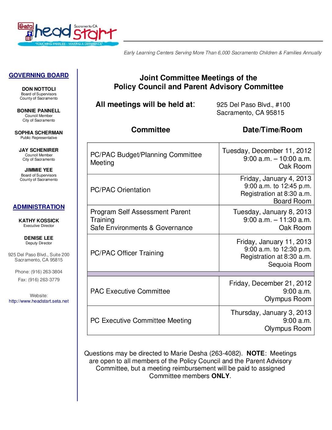 PC/PAC Joint Committee Meetings for December 2012