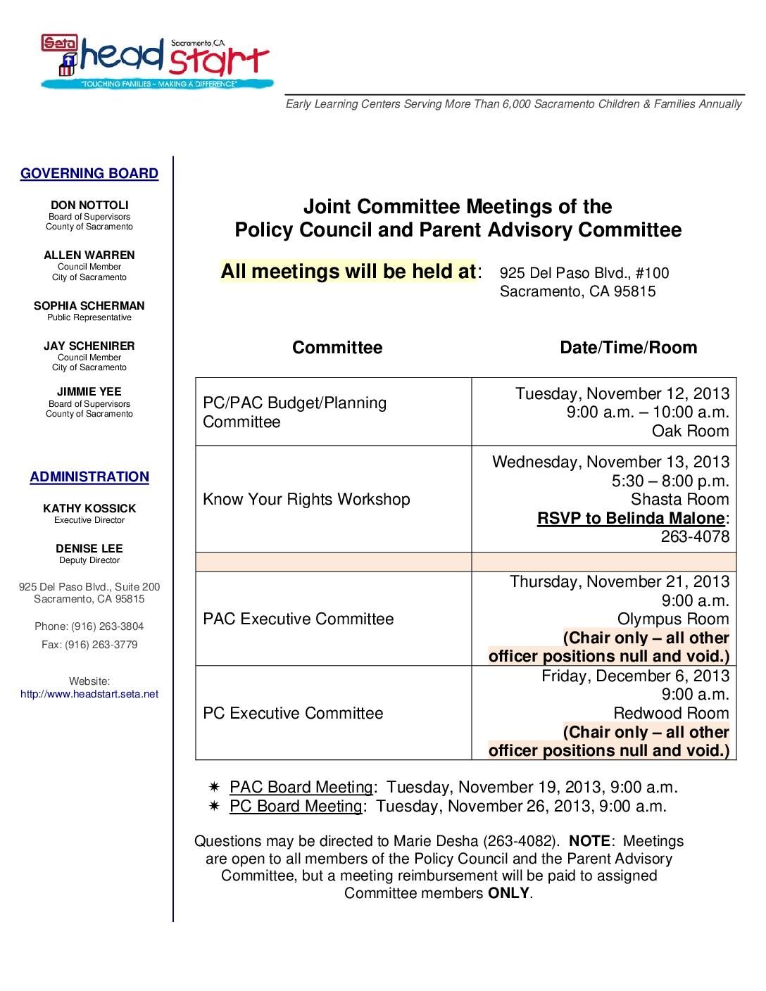 PC/PAC Joint Meetings for November 2013