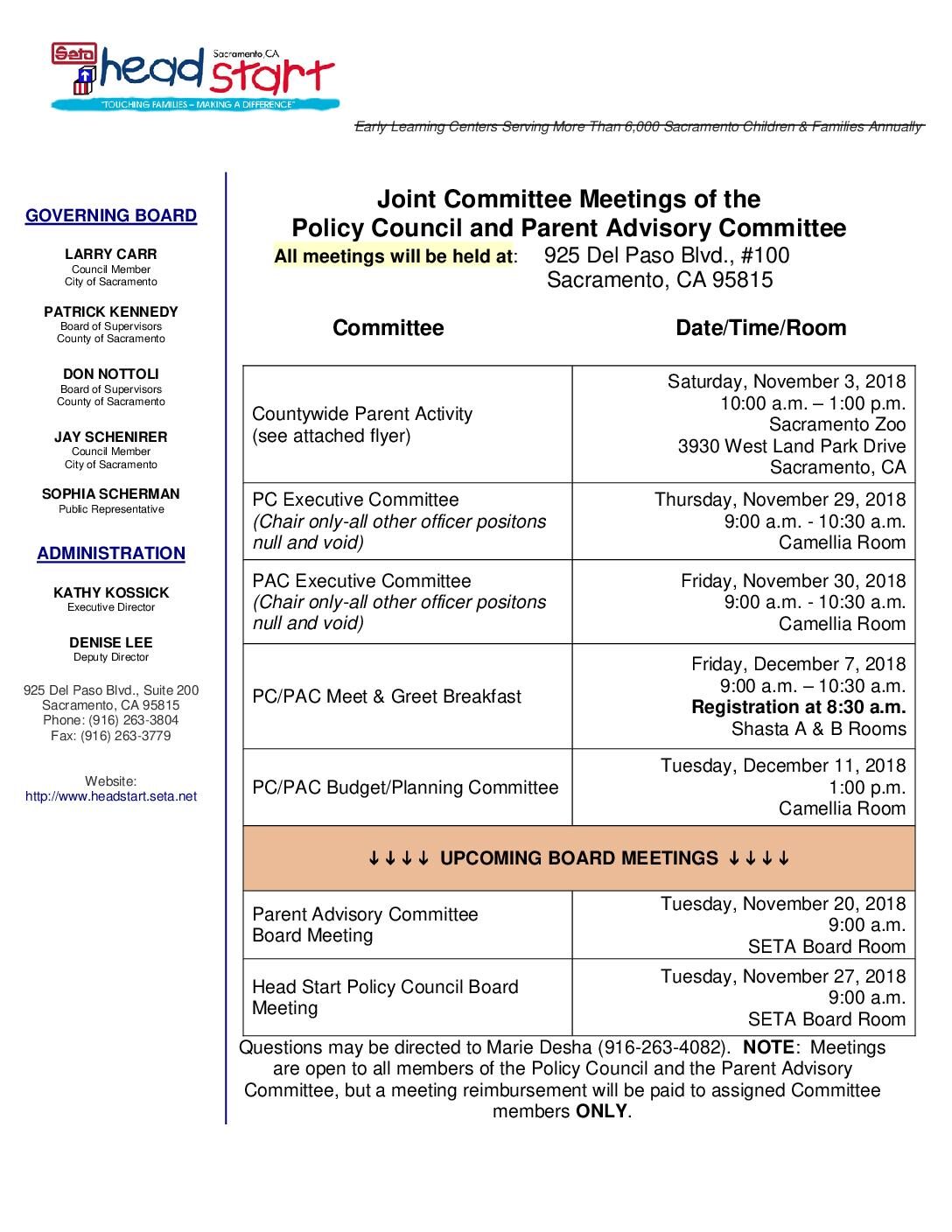 PC/PAC Joint Meetings Notification for November 2018