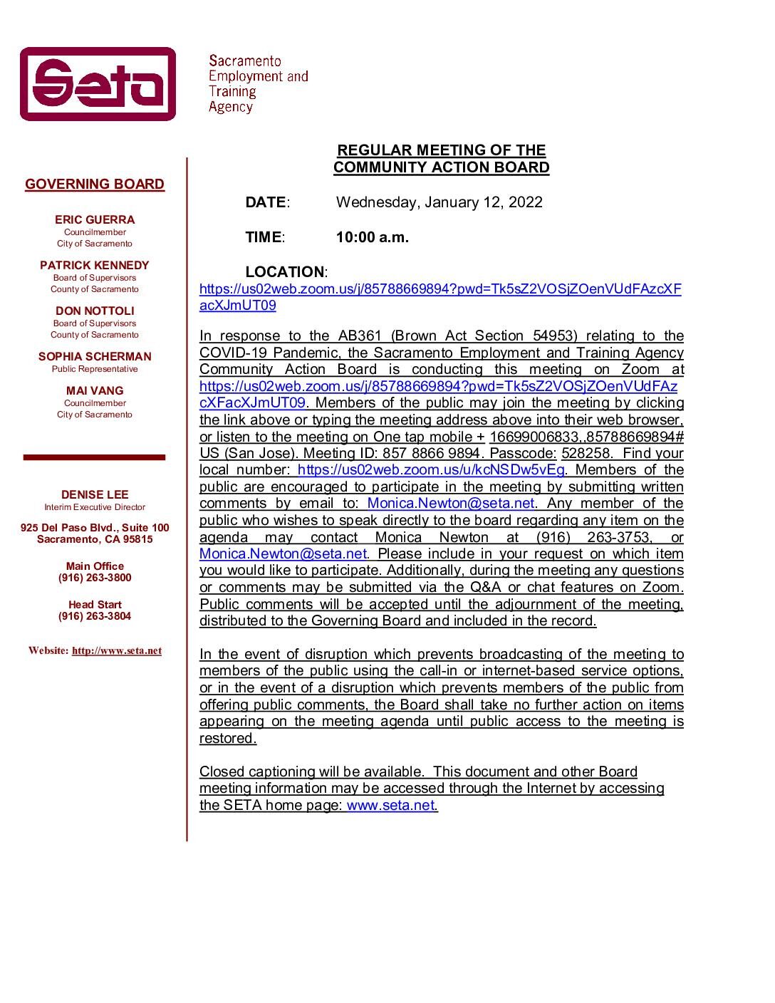 Regular Meeting of the Community Action Board 01/12/2022