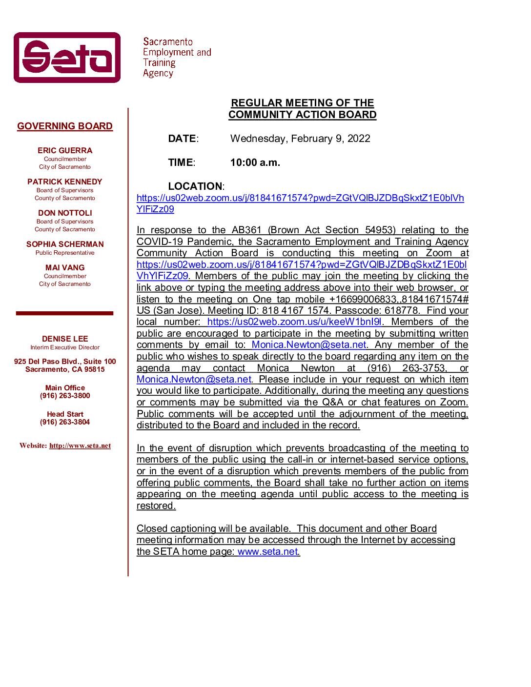 Regular Meeting of the Community Action Board 02/9/2022