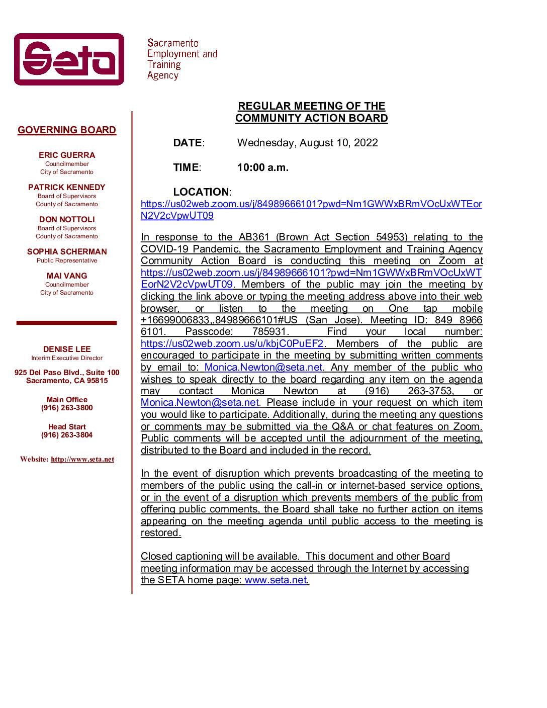 Regular Meeting of the Community Action Board 08/10/2022