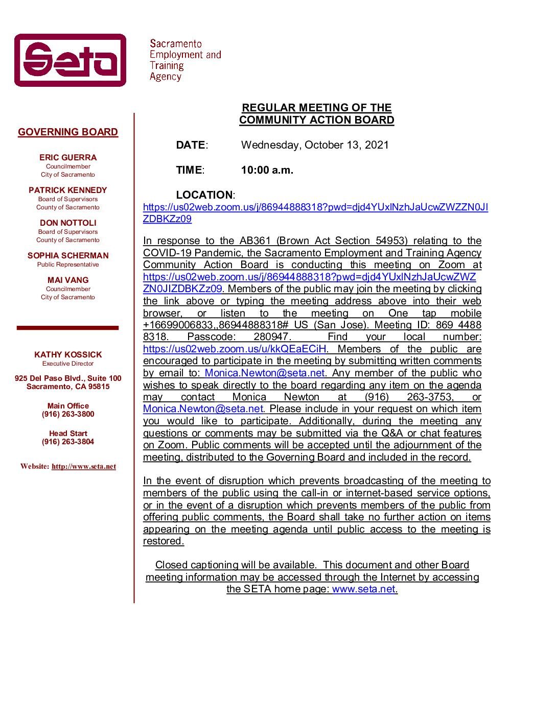 Regular Meeting of the Community Action Board 10/13/2021